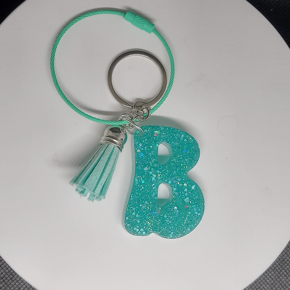 Glittery Teal 'B' Keychain with Tassel